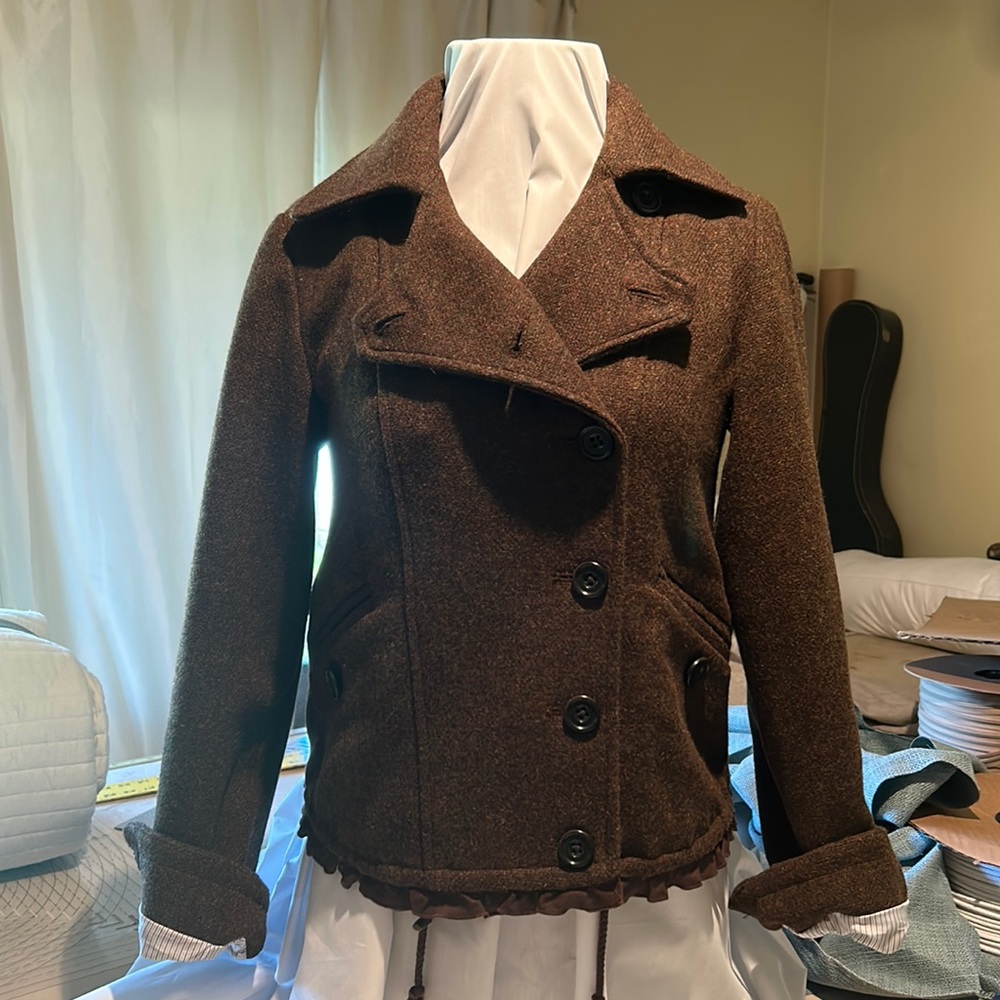 XS / S Gap Deep Brown & Green Heathered Doublebreast Wool Coat Blazer wi/Pockets